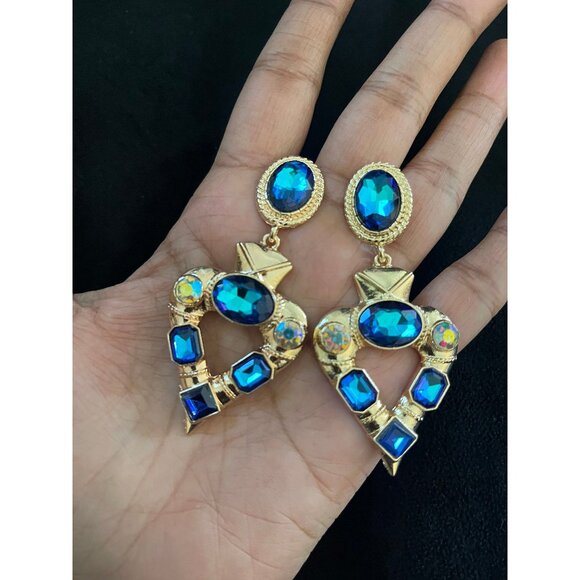 Dark blue earrings , big blue earrings , teal crystal blue Ab earrings teal gold - Picture 1 of 8